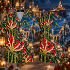 Digital mockup: front and back of one AlohaVero Christmas Ruby Gloriosa Ivory Star Emerald Bamboo Sapphire Snowy Lantern Coastal Citadel No Pocket Hawaiian shirt