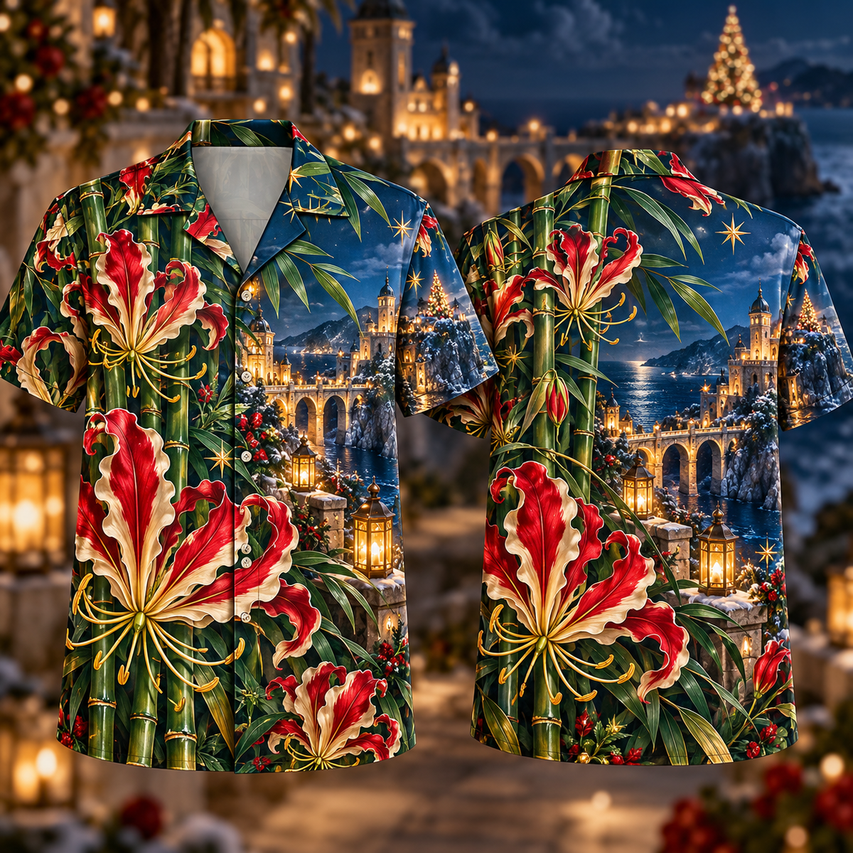 Digital mockup: front and back of one AlohaVero Christmas Ruby Gloriosa Ivory Star Emerald Bamboo Sapphire Snowy Lantern Coastal Citadel No Pocket Hawaiian shirt