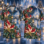 Digital mockup: front and back of one AlohaVero Christmas Ruby Gloriosa Ivory Star Emerald Ivy Sapphire Ice Palace No Pocket Hawaiian shirt