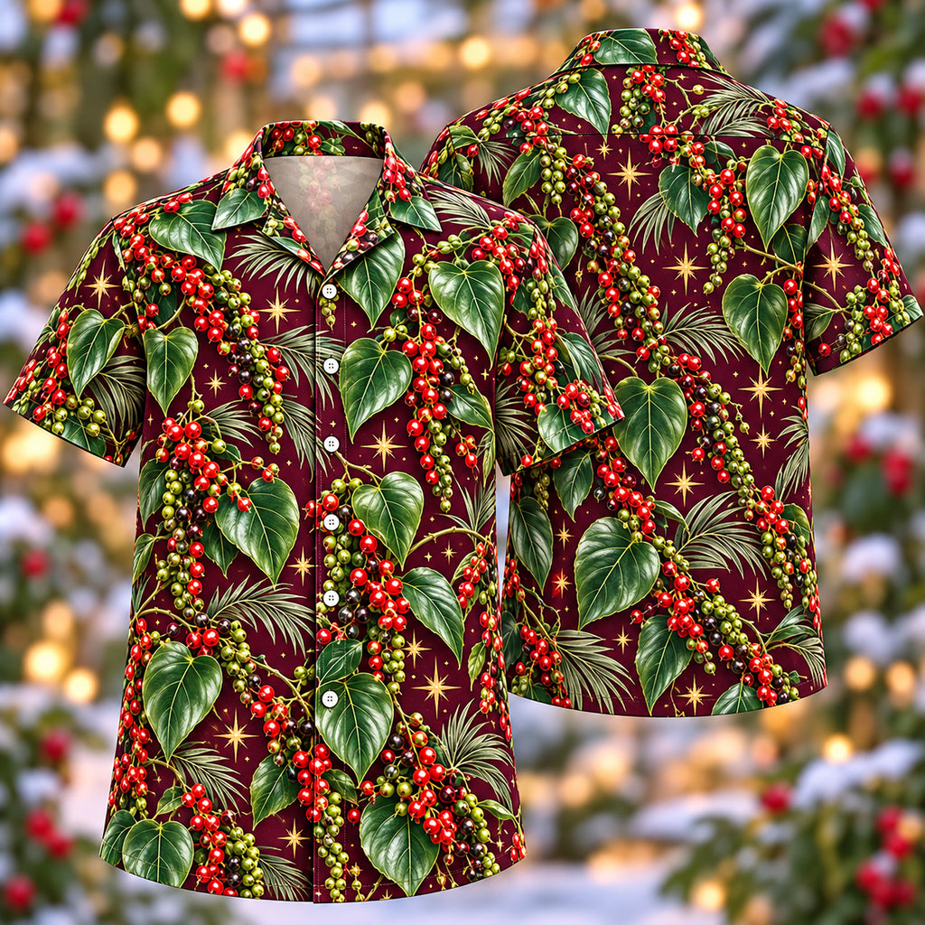Digital mockup: front and back of one AlohaVero Christmas Ruby Green Pepper Vine Plum Aloha No Pocket Hawaiian shirt