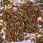 Digital mockup: front and back of one AlohaVero Christmas Ruby Green Pepper Vine Plum Aloha No Pocket Hawaiian shirt