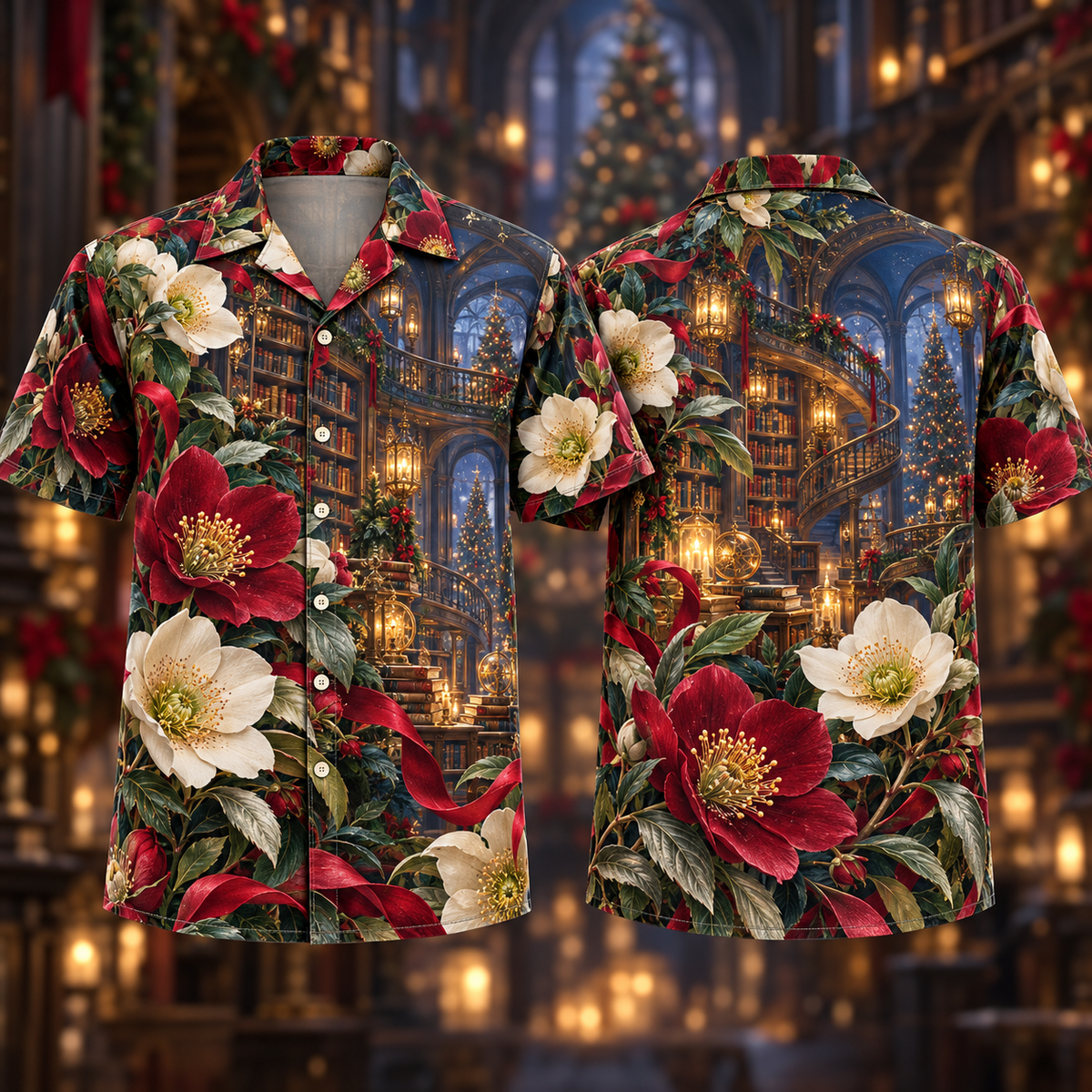 Digital mockup: front and back of one AlohaVero Christmas Ruby Hellebore Ivory Ribbon Emerald Foliage Sapphire Lantern Library No Pocket Hawaiian shirt