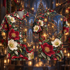 Digital mockup: front and back of one AlohaVero Christmas Ruby Hellebore Ivory Ribbon Emerald Foliage Sapphire Lantern Library No Pocket Hawaiian shirt