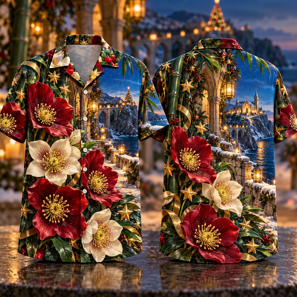 Digital mockup: front and back of one AlohaVero Christmas Ruby Hellebore Ivory Star Emerald Bamboo Sapphire Snowy Lantern Coastal Abbey No Pocket Hawaiian shirt