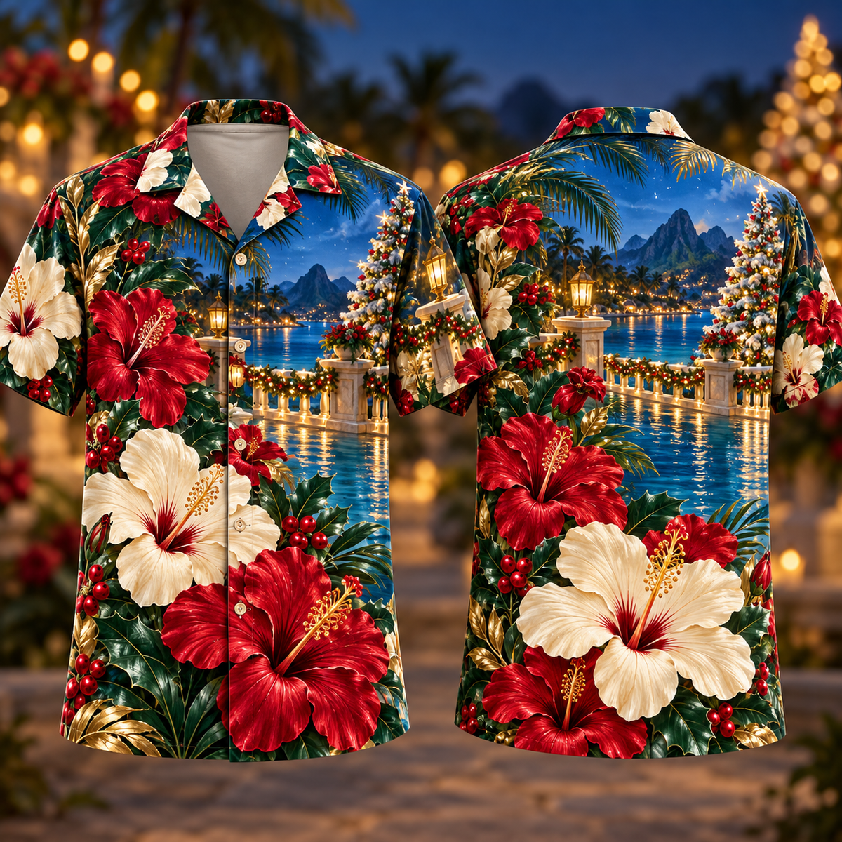 Digital mockup: front and back of one AlohaVero Christmas Ruby Hibiscus Golden Leaf Sapphire Lantern Lagoon No Pocket Hawaiian shirt