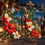 Digital mockup: front and back of one AlohaVero Christmas Ruby Hibiscus Ivory Star Emerald Bamboo Sapphire Coastal Lantern Island Abbey No Pocket Hawaiian shirt