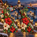 Digital mockup: front and back of one AlohaVero Christmas Ruby Hibiscus Ivory Star Emerald Bamboo Sapphire Snowy Lantern Lighthouse Causeway No Pocket Hawaiian shirt