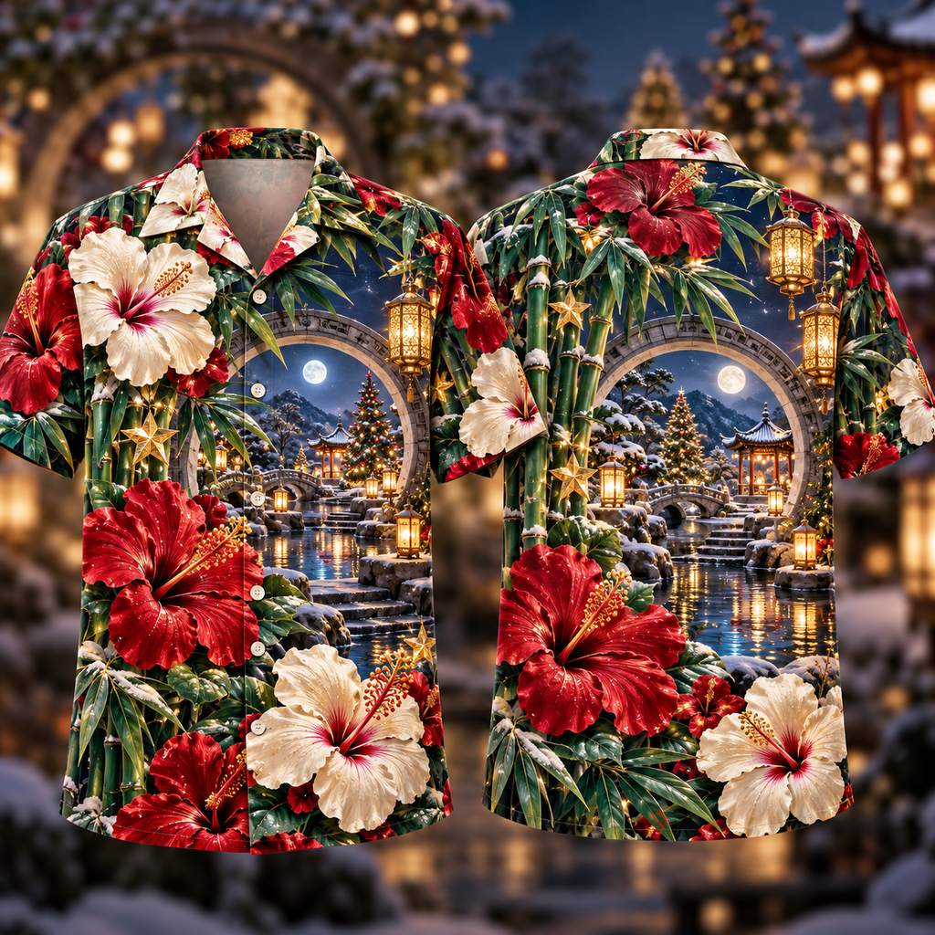 Digital mockup: front and back of one AlohaVero Christmas Ruby Hibiscus Ivory Star Emerald Bamboo Sapphire Snowy Lantern Moon Gate No Pocket Hawaiian shirt