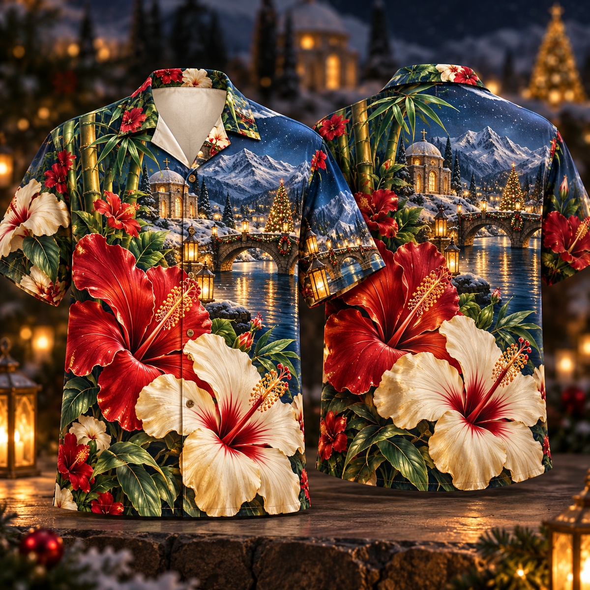Digital mockup: front and back of one AlohaVero Christmas Ruby Hibiscus Ivory Star Emerald Bamboo Sapphire Snowy Lantern Riverside Sanctuary No Pocket Hawaiian shirt