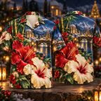 Digital mockup: front and back of one AlohaVero Christmas Ruby Hibiscus Ivory Star Emerald Bamboo Sapphire Snowy Lantern Riverside Sanctuary No Pocket Hawaiian shirt