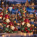 Digital mockup: front and back of one AlohaVero Christmas Ruby Iris Ivory Ribbon Emerald Ivy Sapphire Floating Pavilion No Pocket Hawaiian shirt