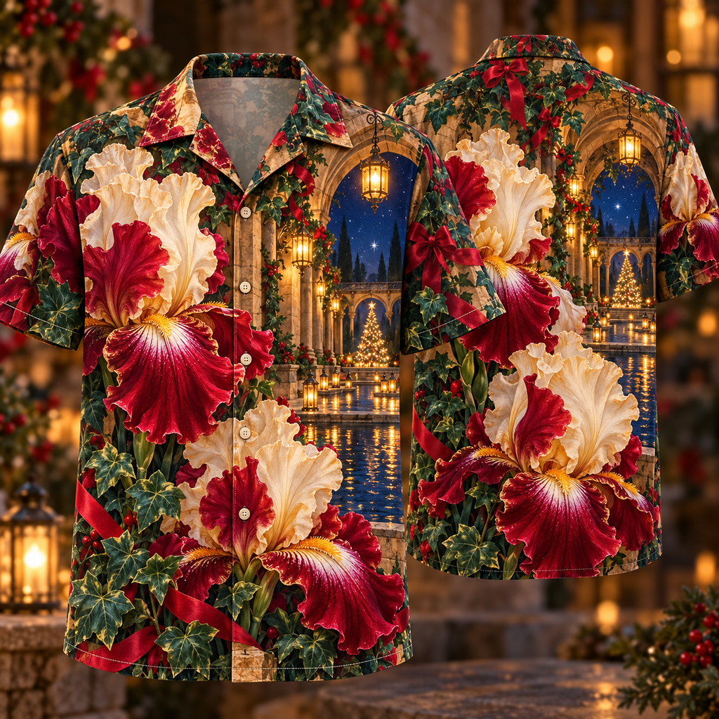 Digital mockup: front and back of one AlohaVero Christmas Ruby Iris Ivory Ribbon Emerald Ivy Sapphire Lantern Cascade Oval Cloister No Pocket Hawaiian shirt