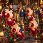 Digital mockup: front and back of one AlohaVero Christmas Ruby Iris Ivory Ribbon Emerald Ivy Sapphire Lantern Cascade Oval Cloister No Pocket Hawaiian shirt