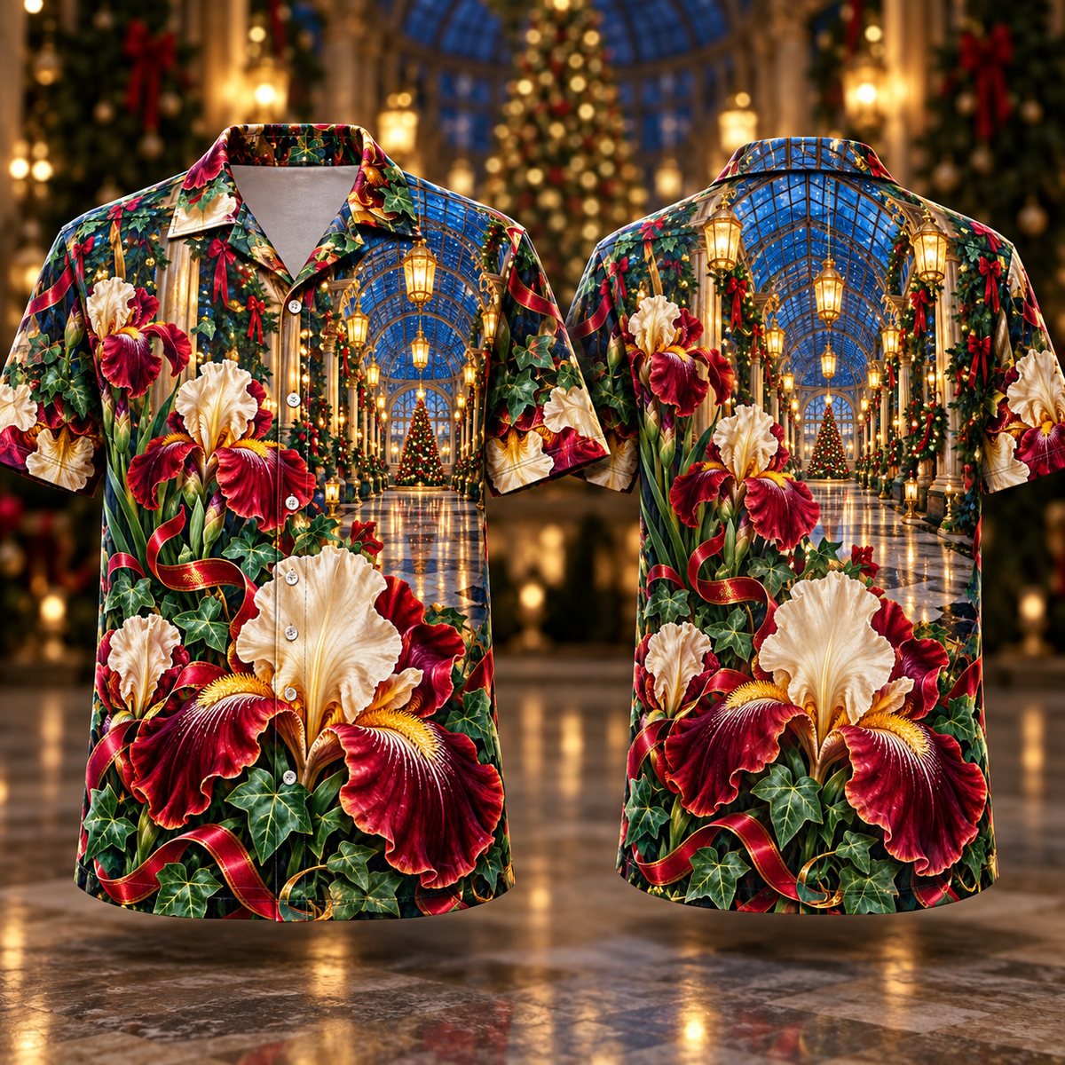 Digital mockup: front and back of one AlohaVero Christmas Ruby Iris Ivory Ribbon Emerald Ivy Sapphire Lantern Reflection Gallery No Pocket Hawaiian shirt