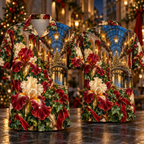 Digital mockup: front and back of one AlohaVero Christmas Ruby Iris Ivory Ribbon Emerald Ivy Sapphire Lantern Tiered Canal Arcade No Pocket Hawaiian shirt
