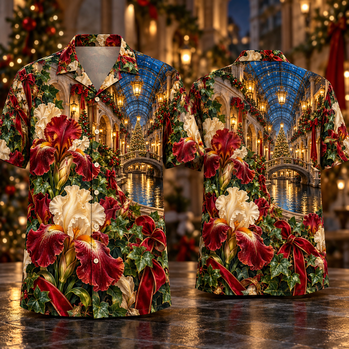 Digital mockup: front and back of one AlohaVero Christmas Ruby Iris Ivory Ribbon Emerald Ivy Sapphire Lantern Tiered Canal Arcade No Pocket Hawaiian shirt