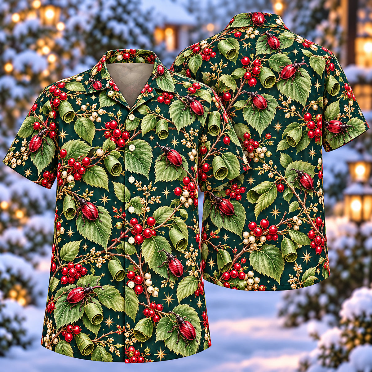 Digital mockup: front and back of one AlohaVero Christmas Ruby Leaf Roller Weevil Hazel Aloha No Pocket Hawaiian shirt