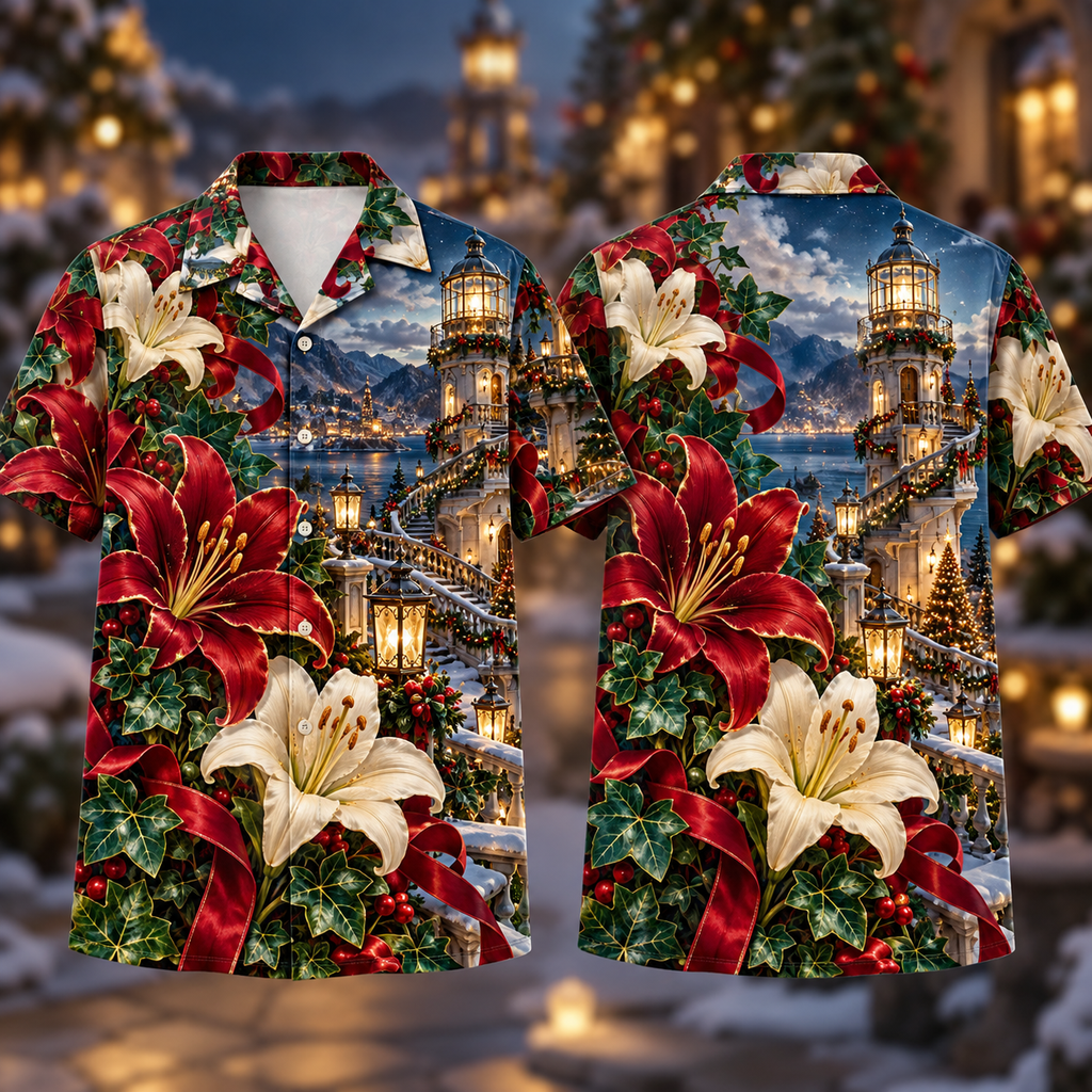 Digital mockup: front and back of one AlohaVero Christmas Ruby Lily Ivory Ribbon Emerald Ivy Sapphire Lantern Spiral Tower No Pocket Hawaiian shirt