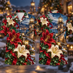 Digital mockup: front and back of one AlohaVero Christmas Ruby Lily Ivory Ribbon Emerald Ivy Sapphire Lantern Spiral Tower No Pocket Hawaiian shirt