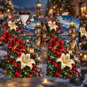 Christmas Ruby Lily Ivory Ribbon Emerald Ivy Sapphire Lantern Spiral Tower Hawaiian Shirt