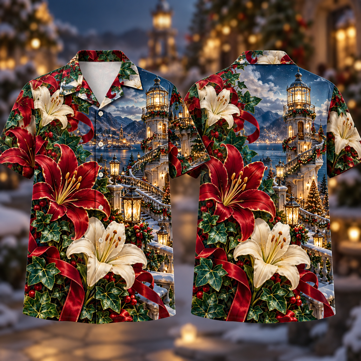 Digital mockup: front and back of one AlohaVero Christmas Ruby Lily Ivory Ribbon Emerald Ivy Sapphire Lantern Spiral Tower No Pocket Hawaiian shirt