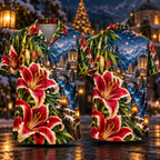 Digital mockup: front and back of one AlohaVero Christmas Ruby Lily Ivory Star Emerald Bamboo Sapphire Snowy Lantern Mountain Sanctuary No Pocket Hawaiian shirt