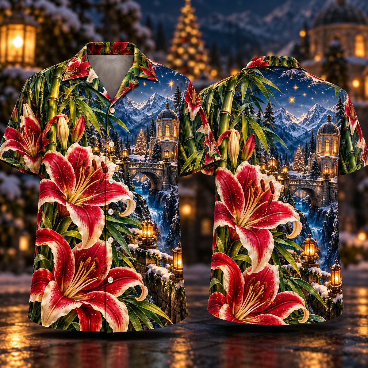 Digital mockup: front and back of one AlohaVero Christmas Ruby Lily Ivory Star Emerald Bamboo Sapphire Snowy Lantern Mountain Sanctuary No Pocket Hawaiian shirt