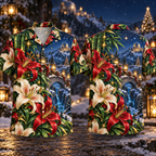 Digital mockup: front and back of one AlohaVero Christmas Ruby Lily Ivory Star Emerald Bamboo Sapphire Snowy Lantern Observatory Bridge No Pocket Hawaiian shirt