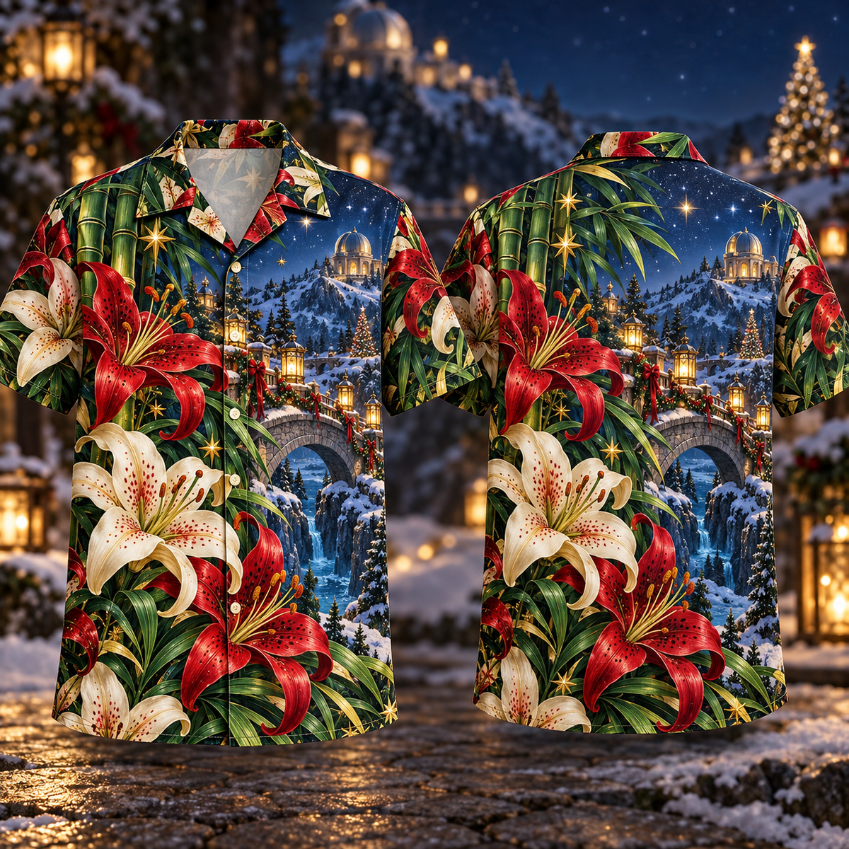 Digital mockup: front and back of one AlohaVero Christmas Ruby Lily Ivory Star Emerald Bamboo Sapphire Snowy Lantern Observatory Bridge No Pocket Hawaiian shirt