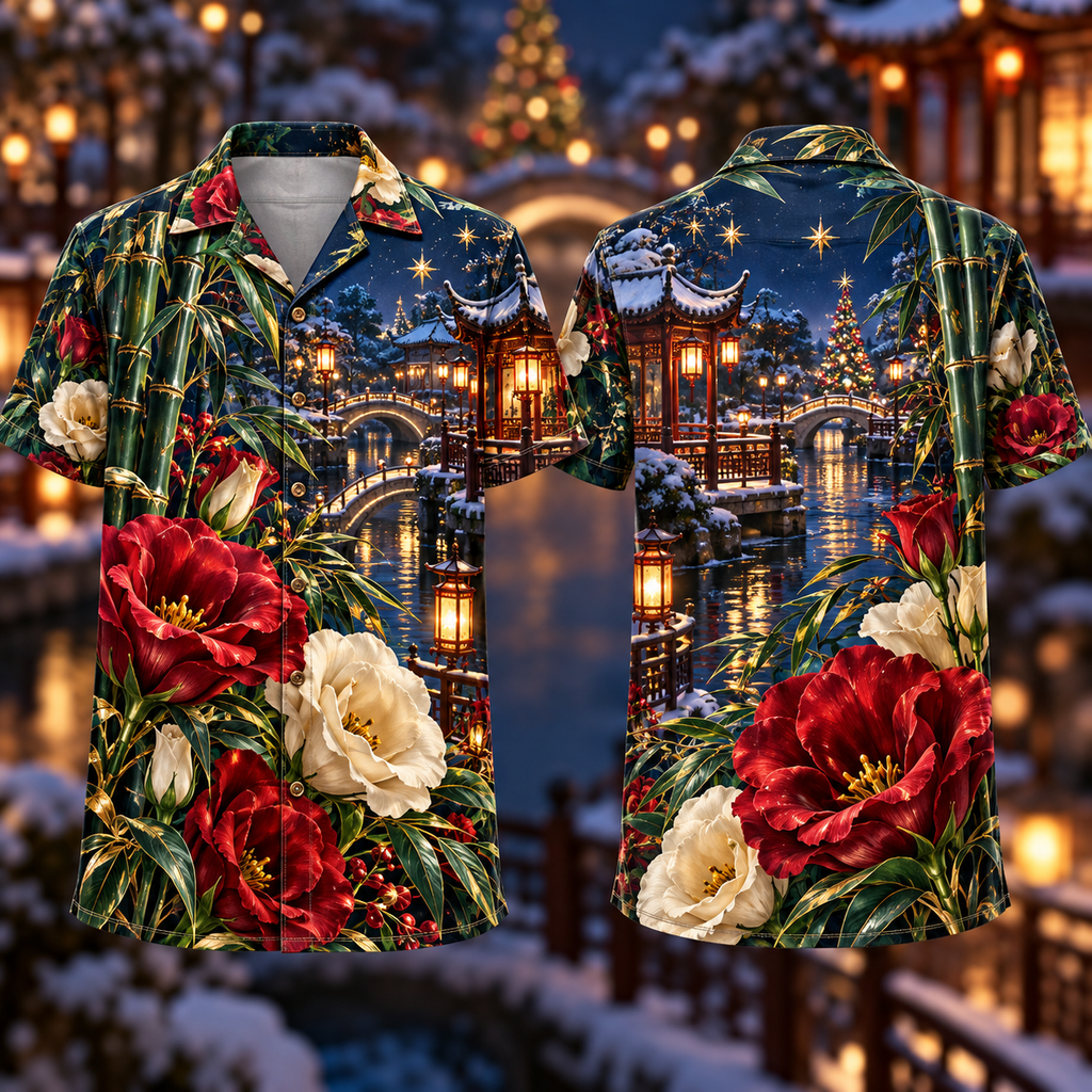 Digital mockup: front and back of one AlohaVero Christmas Ruby Lisianthus Ivory Star Emerald Bamboo Sapphire Snowy Lantern Canal Pavilion No Pocket Hawaiian shirt