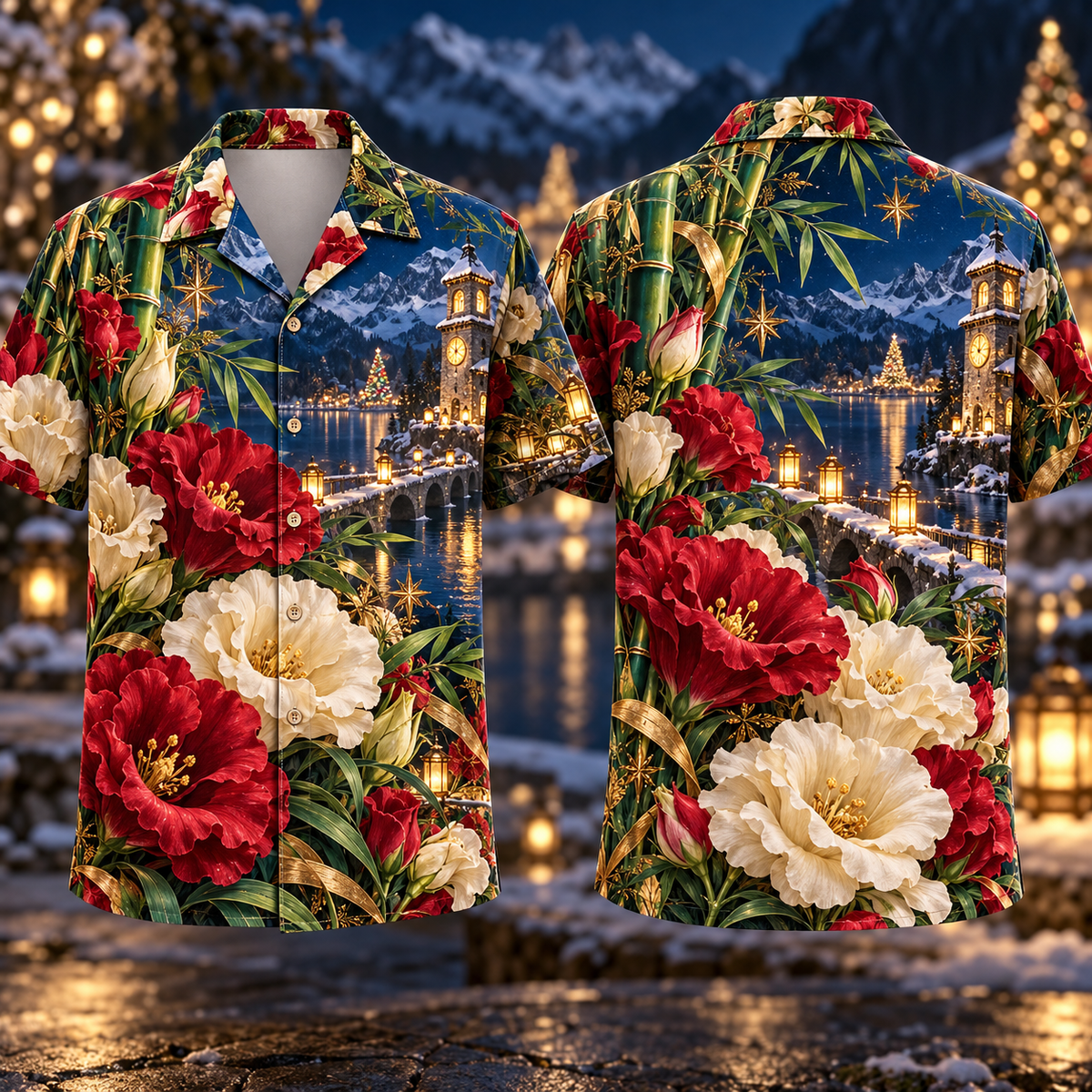 Digital mockup: front and back of one AlohaVero Christmas Ruby Lisianthus Ivory Star Emerald Bamboo Sapphire Snowy Lantern Island Clocktower No Pocket Hawaiian shirt