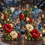 Digital mockup: front and back of one AlohaVero Christmas Ruby Lisianthus Ivory Star Emerald Bamboo Sapphire Snowy Lantern Mountain Gate No Pocket Hawaiian shirt