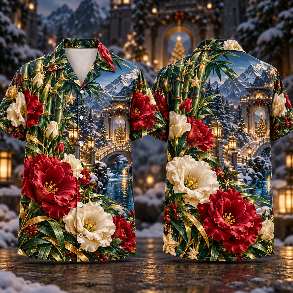 Digital mockup: front and back of one AlohaVero Christmas Ruby Lisianthus Ivory Star Emerald Bamboo Sapphire Snowy Lantern Mountain Gate No Pocket Hawaiian shirt