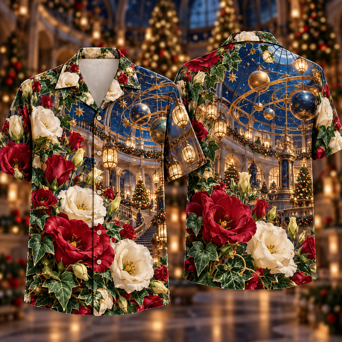 Digital mockup: front and back of one AlohaVero Christmas Ruby Lisianthus Ivory Star Emerald Ivy Sapphire Orrery Hall No Pocket Hawaiian shirt