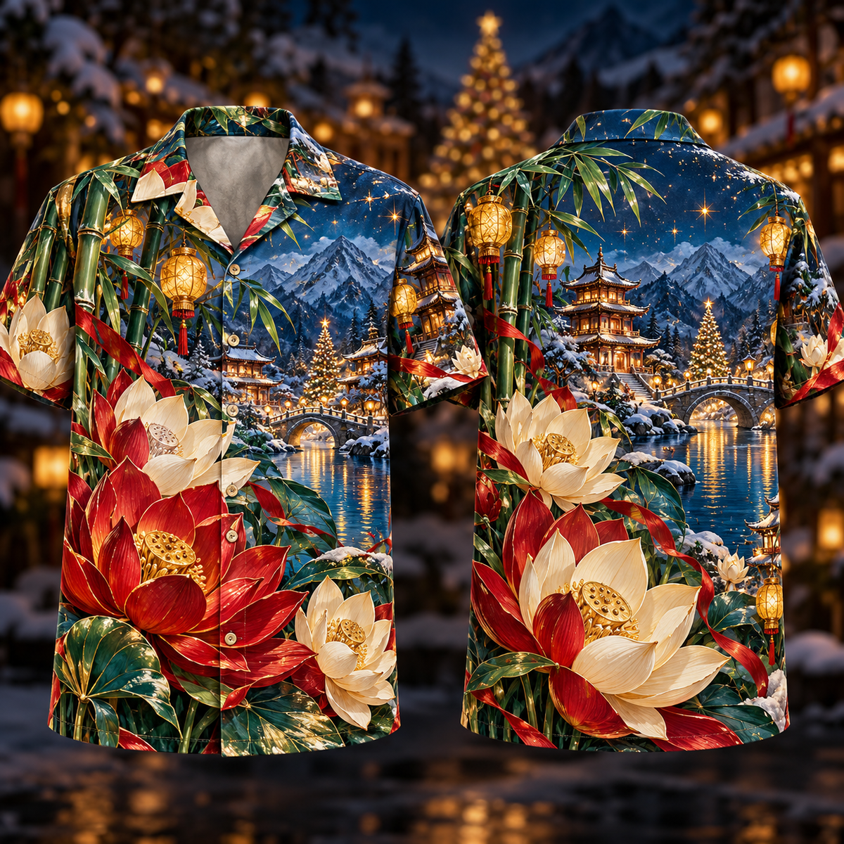 Digital mockup: front and back of one AlohaVero Christmas Ruby Lotus Ivory Star Emerald Bamboo Sapphire Snowy Lantern Alpine Pagoda No Pocket Hawaiian shirt