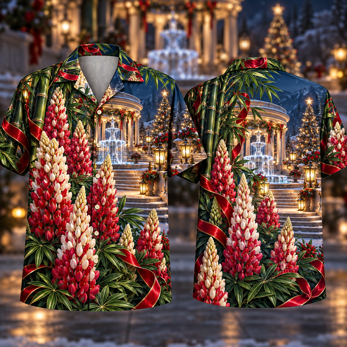 Digital mockup: front and back of one AlohaVero Christmas Ruby Lupine Ivory Ribbon Emerald Bamboo Sapphire Fountain Rotunda No Pocket Hawaiian shirt