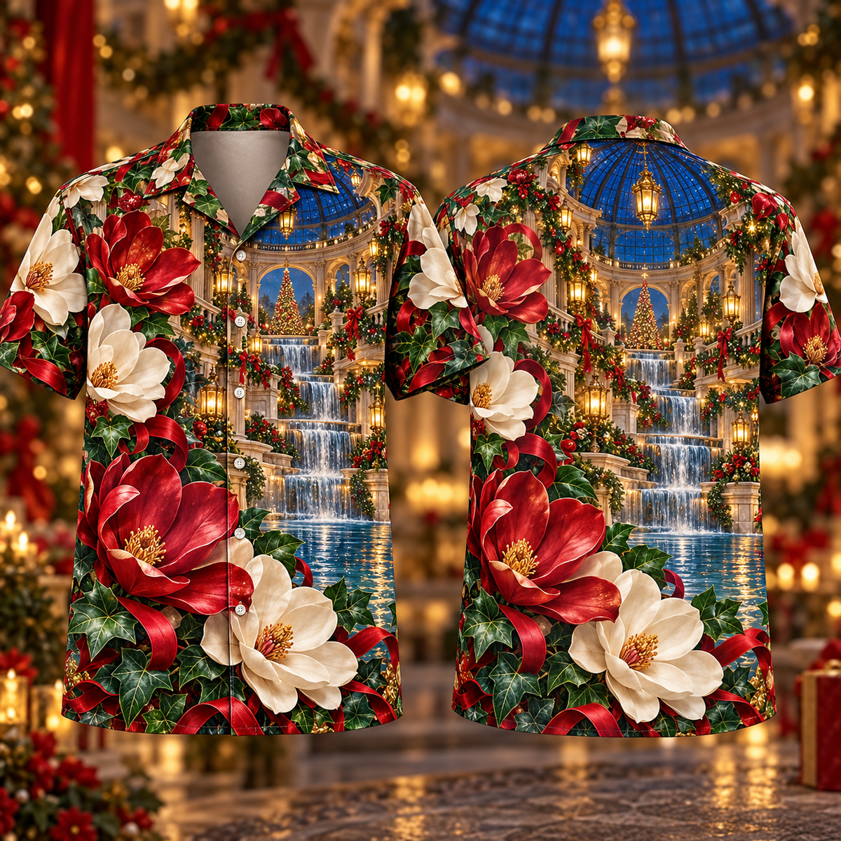 Digital mockup: front and back of one AlohaVero Christmas Ruby Magnolia Ivory Ribbon Emerald Ivy Sapphire Lantern Waterfall Rotunda No Pocket Hawaiian shirt
