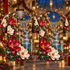 Digital mockup: front and back of one AlohaVero Christmas Ruby Magnolia Ivory Ribbon Emerald Ivy Sapphire Lantern Waterfall Rotunda No Pocket Hawaiian shirt