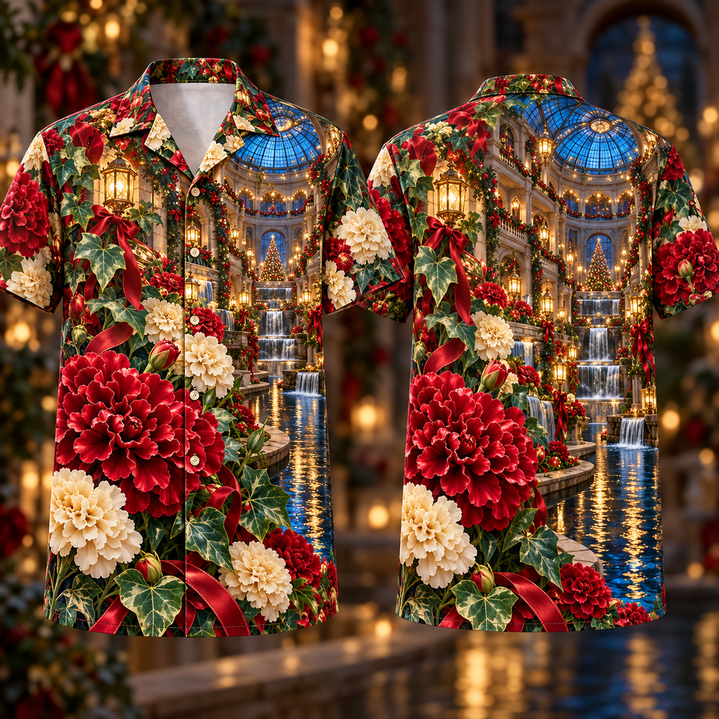 Digital mockup: front and back of one AlohaVero Christmas Ruby Marigold Ivory Ribbon Emerald Ivy Sapphire Lantern Cascade Rotunda Canal No Pocket Hawaiian shirt