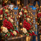 Digital mockup: front and back of one AlohaVero Christmas Ruby Marigold Ivory Ribbon Emerald Ivy Sapphire Lantern Cascade Rotunda Canal No Pocket Hawaiian shirt