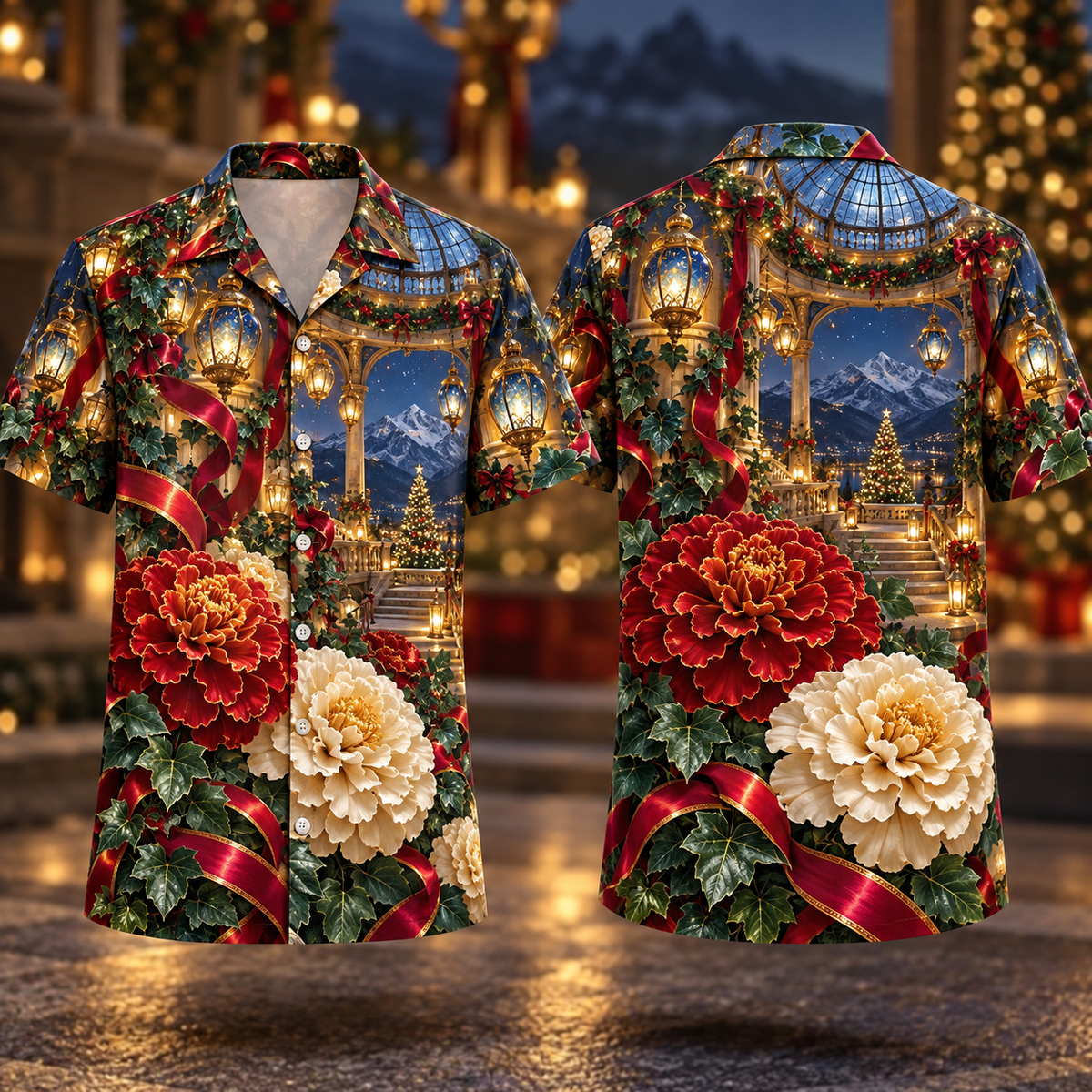 Digital mockup: front and back of one AlohaVero Christmas Ruby Marigold Ivory Ribbon Emerald Ivy Sapphire Lantern Sky Rotunda No Pocket Hawaiian shirt