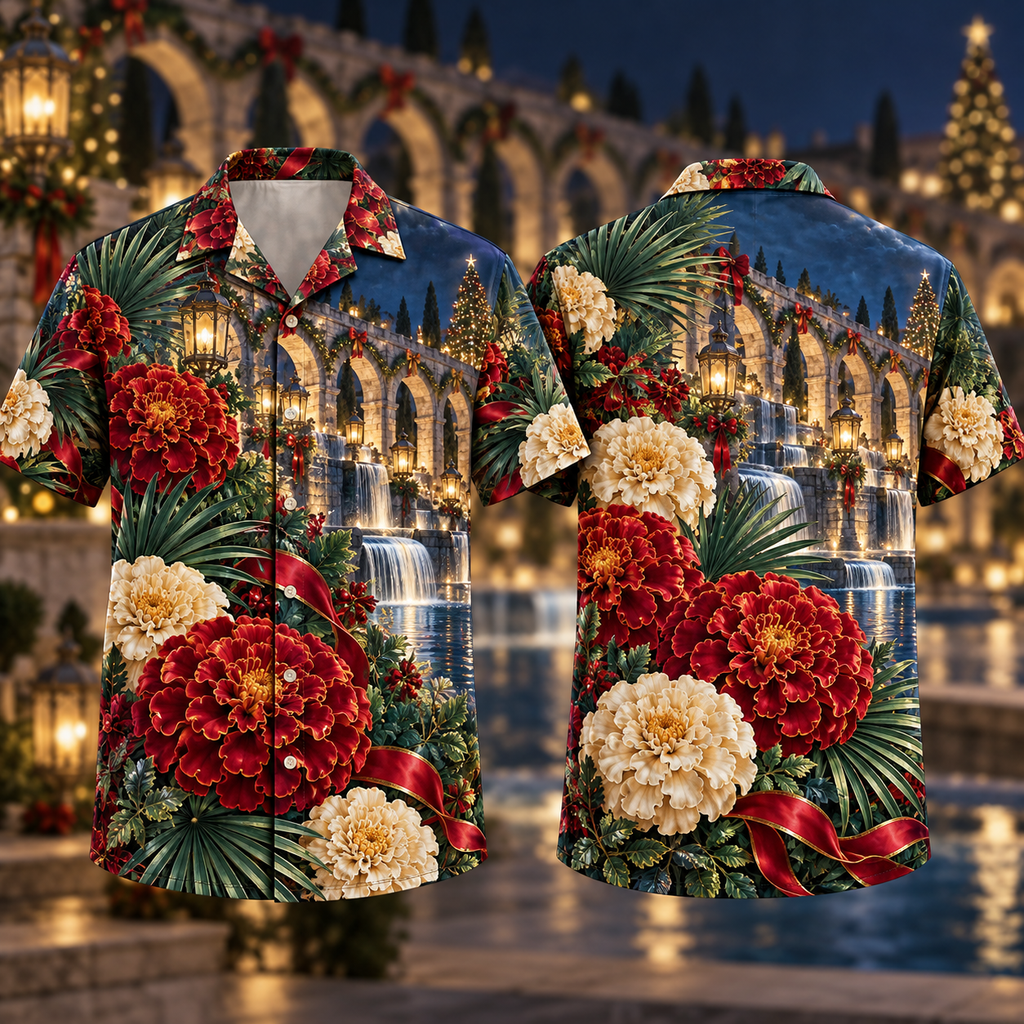 Digital mockup: front and back of one AlohaVero Christmas Ruby Marigold Ivory Ribbon Emerald Palm Sapphire Lantern Aqueduct No Pocket Hawaiian shirt