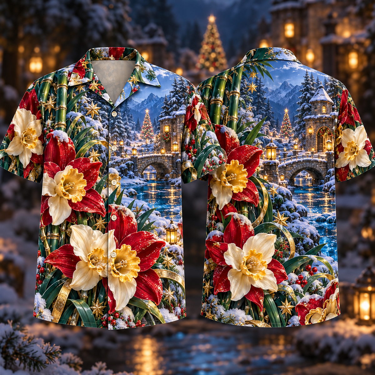 Digital mockup: front and back of one AlohaVero Christmas Ruby Narcissus Ivory Star Emerald Bamboo Sapphire Snowy Lantern Forest Gatehouse No Pocket Hawaiian shirt