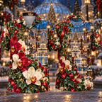 Digital mockup: front and back of one AlohaVero Christmas Ruby Orchid Ivory Ribbon Emerald Ivy Sapphire Dome Fountain No Pocket Hawaiian shirt