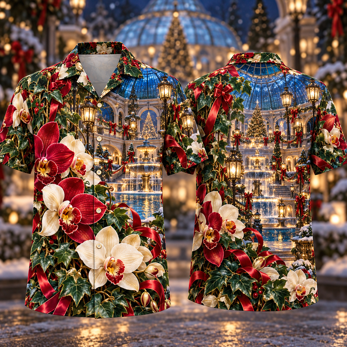 Digital mockup: front and back of one AlohaVero Christmas Ruby Orchid Ivory Ribbon Emerald Ivy Sapphire Dome Fountain No Pocket Hawaiian shirt