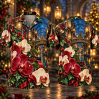 Digital mockup: front and back of one AlohaVero Christmas Ruby Orchid Ivory Ribbon Emerald Ivy Sapphire Lantern Bridge Glasshouse No Pocket Hawaiian shirt