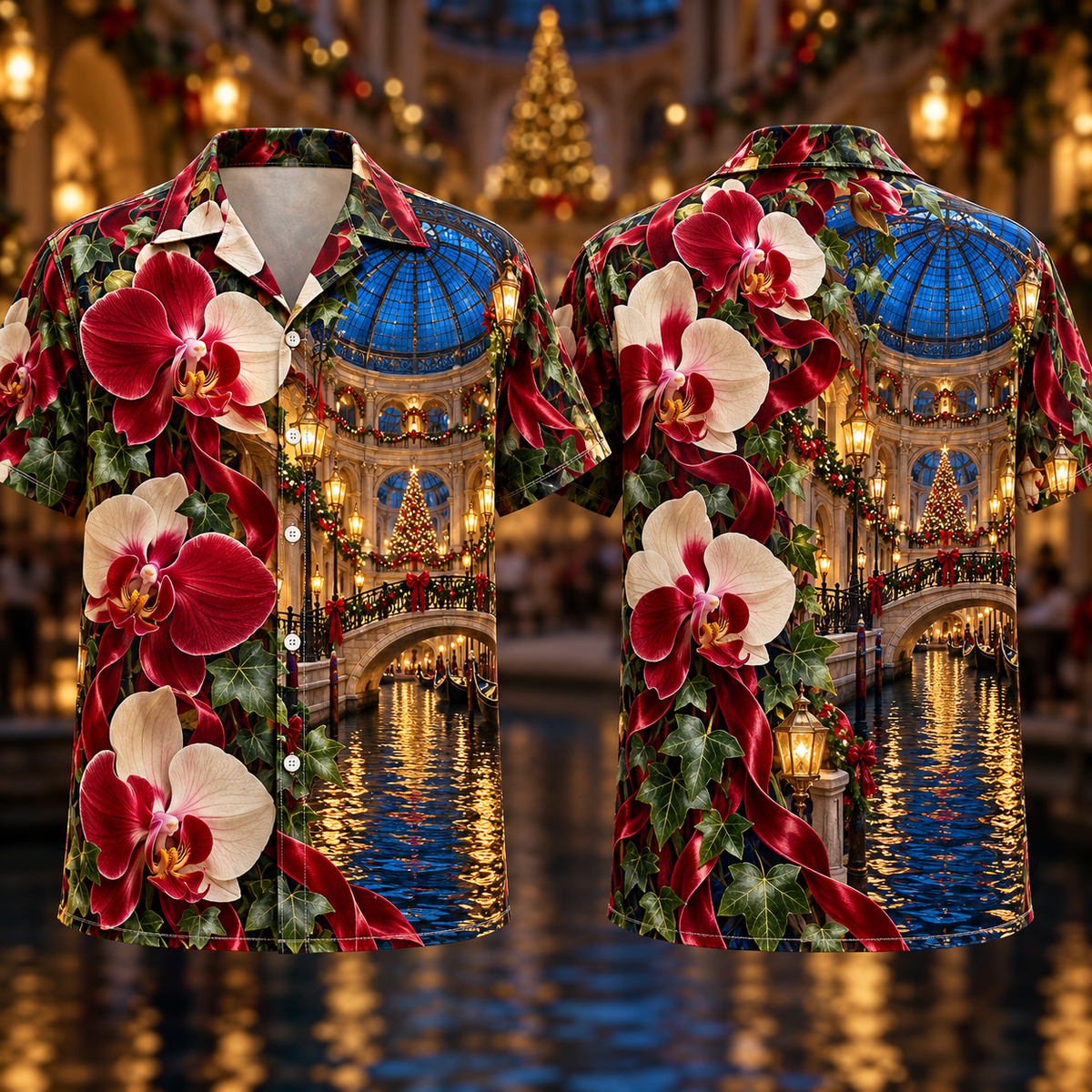 Digital mockup: front and back of one AlohaVero Christmas Ruby Orchid Ivory Ribbon Emerald Ivy Sapphire Lantern Canal Rotunda No Pocket Hawaiian shirt