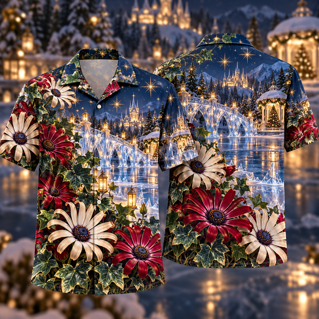 Digital mockup: front and back of one AlohaVero Christmas Ruby Osteospermum Ivory Star Emerald Ivy Sapphire Crystal Bridge No Pocket Hawaiian shirt