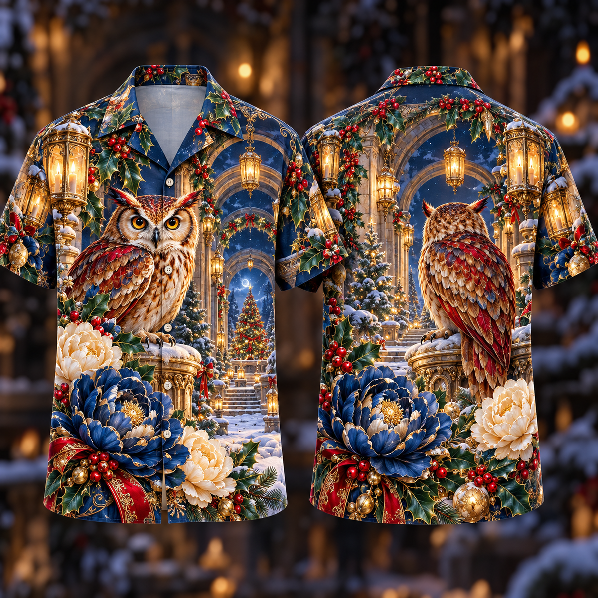 Digital mockup: front and back of one AlohaVero Christmas Ruby Owl Sapphire Peony Golden Lantern Gallery No Pocket Hawaiian shirt