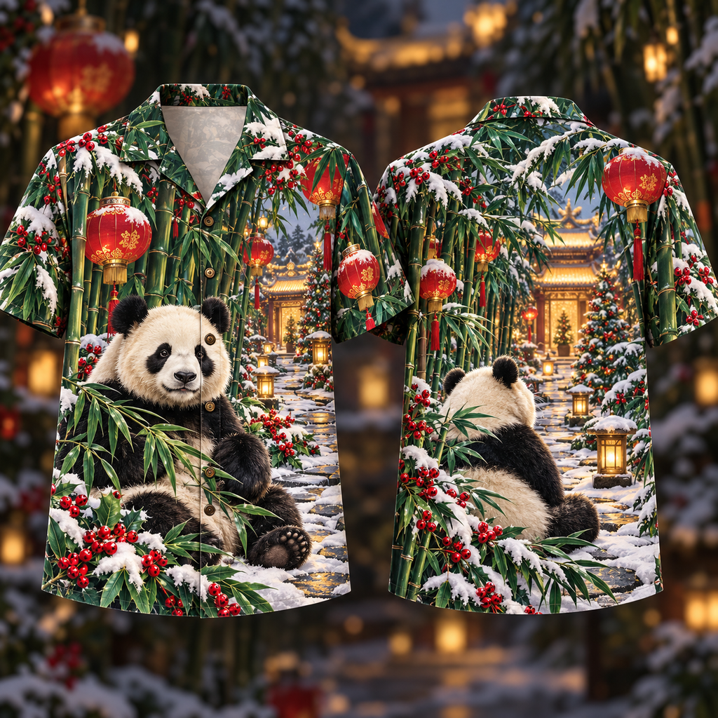 Digital mockup: front and back of one AlohaVero Christmas Panda Emerald Bamboo Ruby Lantern Temple No Pocket Hawaiian shirt